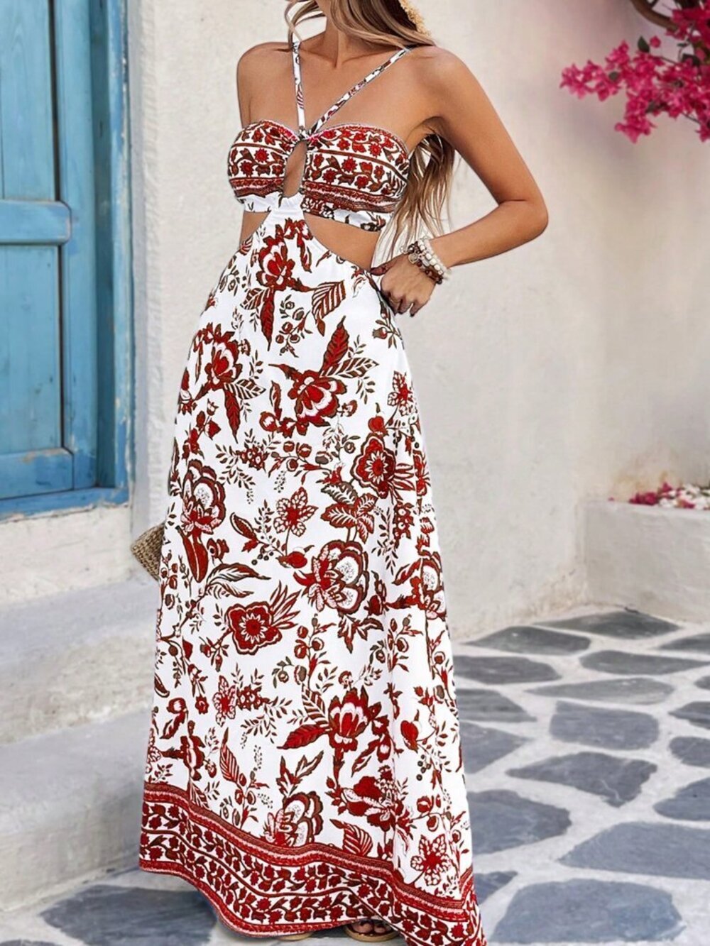 Red Boho Casual Women's Spaghetti Strap Floral A-Line Dress - Picture 3 of 4